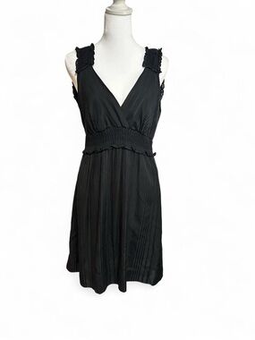 BCBGMaxAzria Black V-Neck Pleated Midi Dress with Smocked Waist